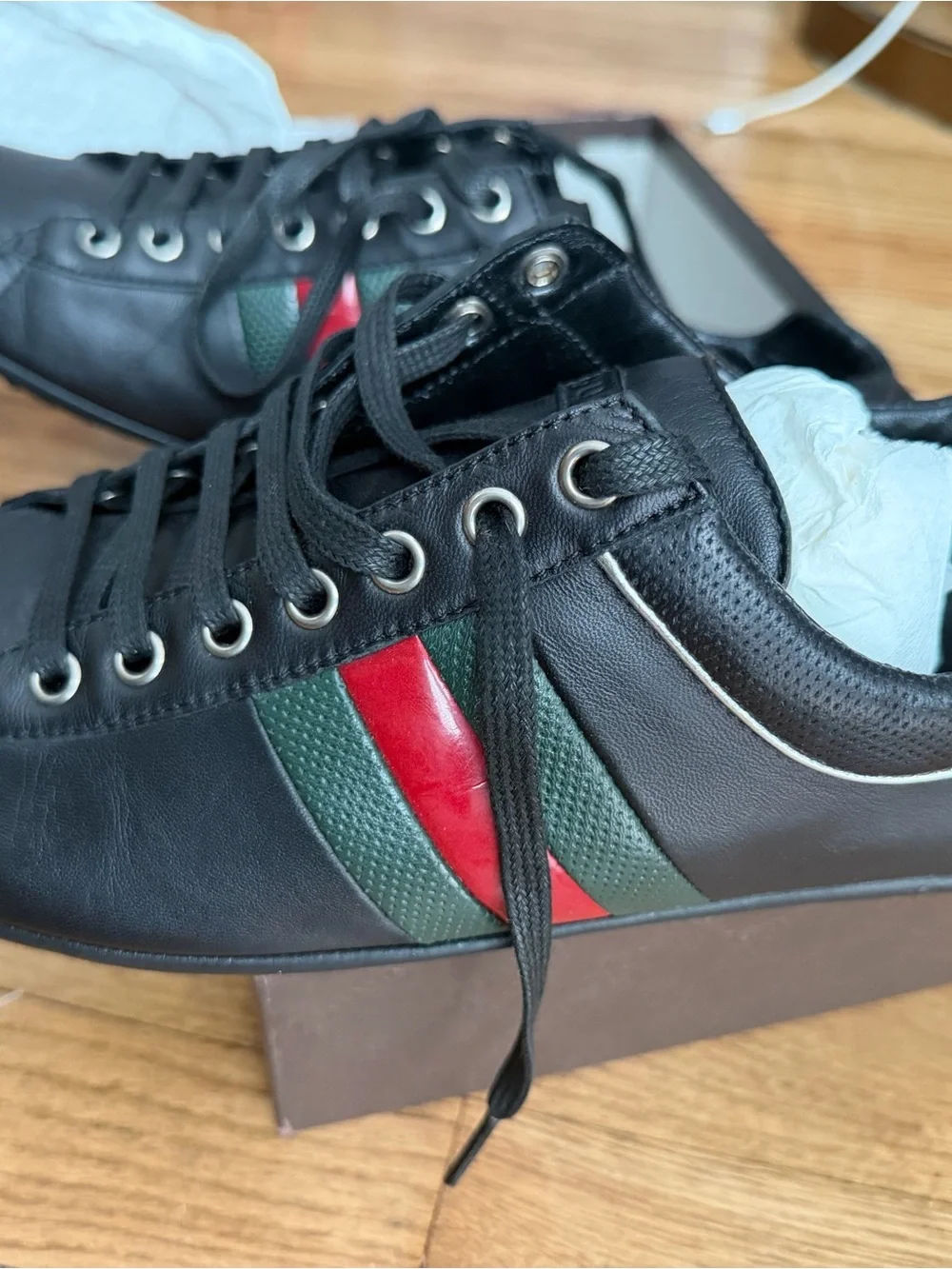 Gucci Black Leather Sneakers with Green and Red Web Stripe